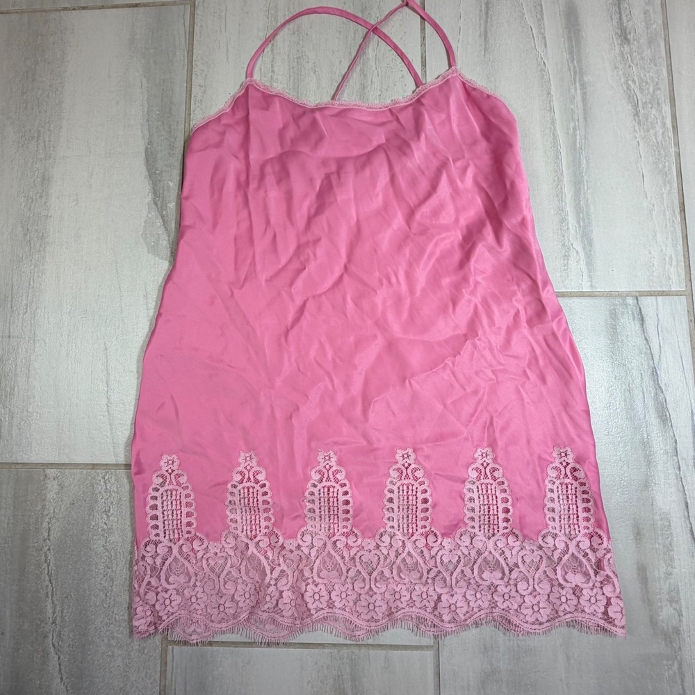 Vintage Victoria's Secret Gold Label Pink Lace Trim Satin Slip Dress Medium 1997